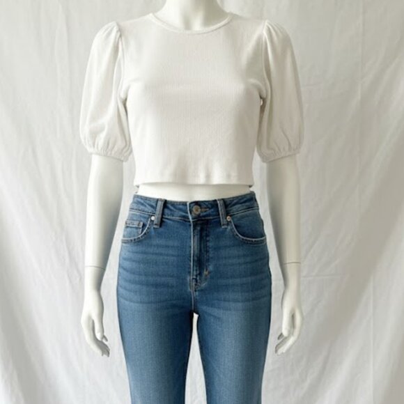 White Ribbed Crop Top – Puff Sleeve Stretch Knit Tee Size L - Picture 4 of 9